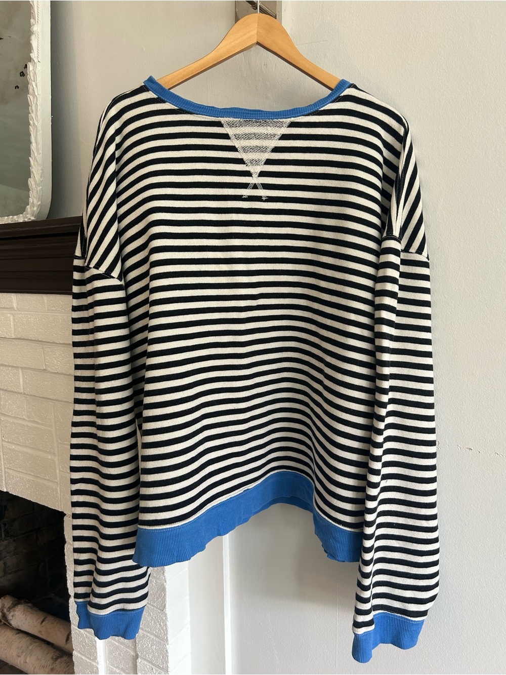 We The Free Black & White Striped Crew Sweater with Blue Trim